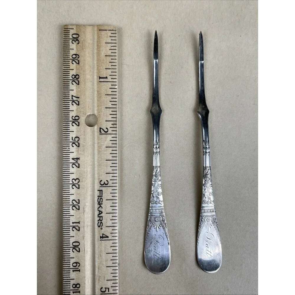 2 Rare Antique Silver Plate Nut Picks 1847 Rogers Bros A1 Lorne Monogram “Partt”